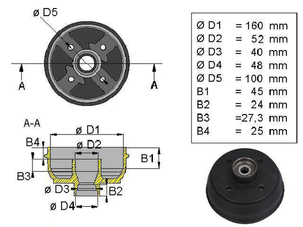 Brake drum ALKO 160x35 4x100 mm bearing