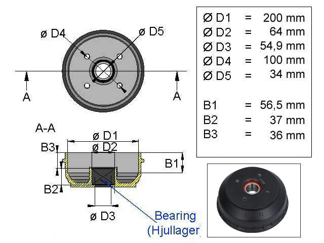 Brake drum ALKO 200x50 4x100 compact bearing 34x64x37