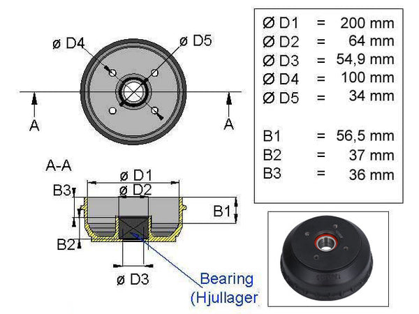 Brake drum ALKO 200x50 4x100 compact bearing 34x64x37