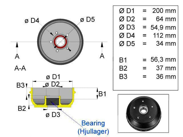 Brake drum ALKO 200x50 5x112 compact bearing 34x64x37