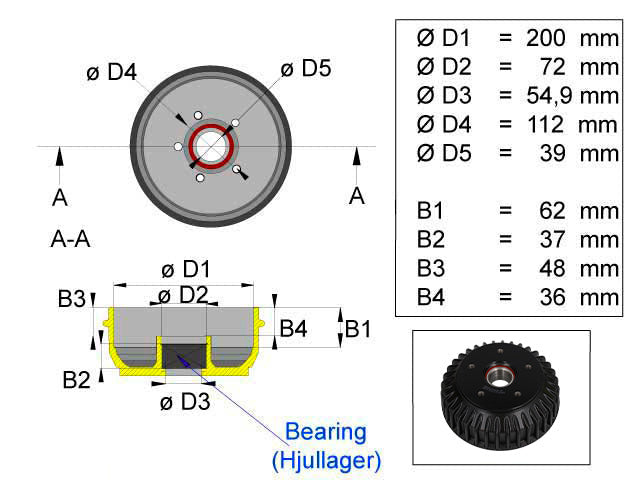 Brake drum ALKO 200x50 5x112 1500 kg compact bearing
