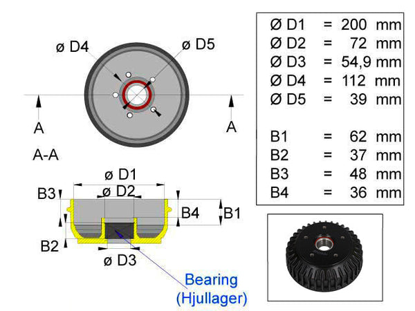 Brake drum ALKO 200x50 5x112 1500 kg compact bearing