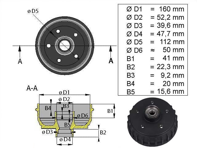 Brake drum ALKO 160x35 5x112 inch bearing