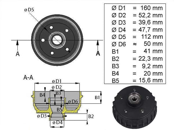 Brake drum ALKO 160x35 5x112 inch bearing