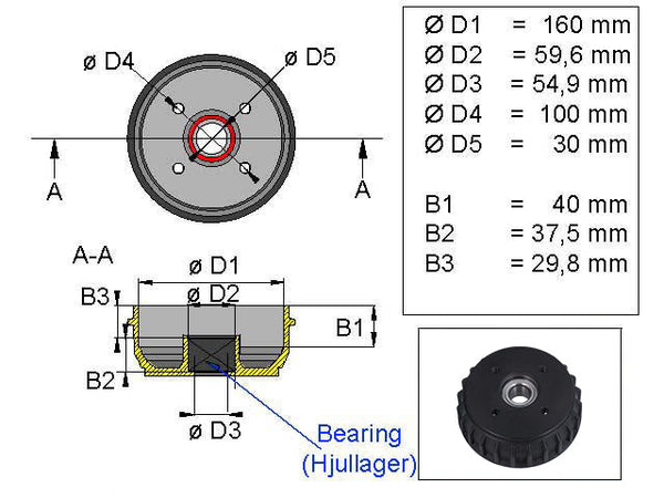 Brake drum ALKO 160x35 4x100 compact bearing