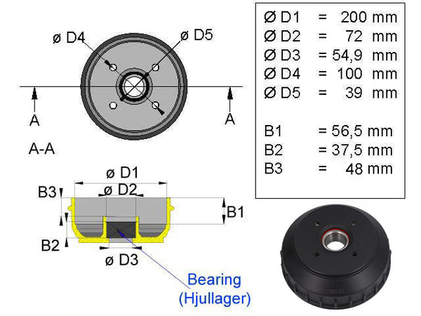 Brake drum ALKO 200x50 4x100 compact bearing 39x72x37