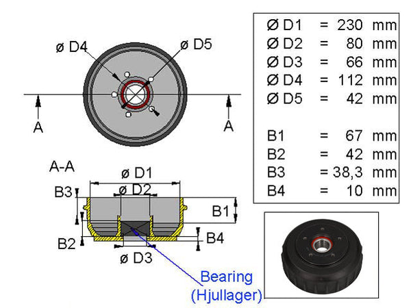 Brake drum ALKO 230x60 5x112 compact bearing