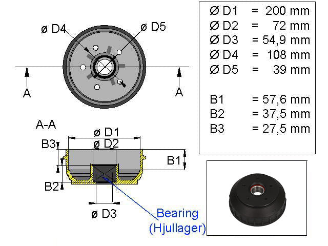 Brake drum ALKO 200x50 5x108 compact bearing