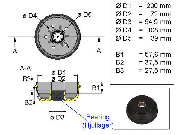 Brake drum ALKO 200x50 5x108 compact bearing