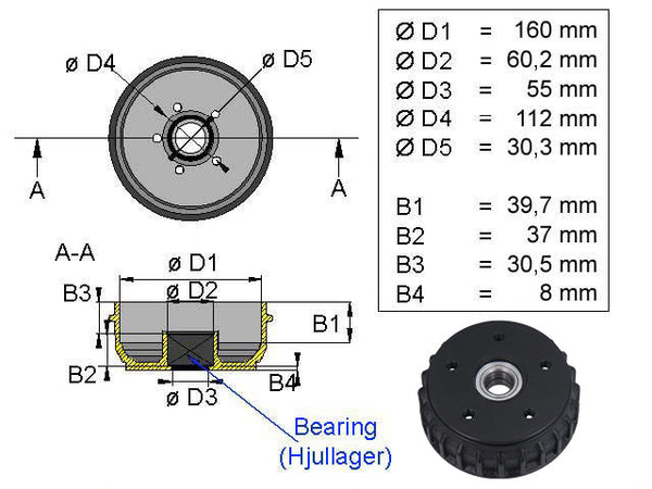 Brake drum ALKO 160x35 5x112 compact bearing