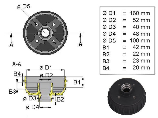Brake drum ALKO 160x35 4x100 inch bearing with wheel bearing