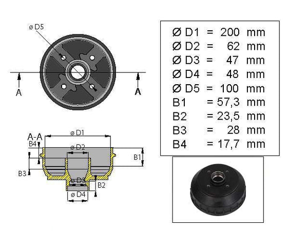 Brake drum ALKO 200x50 4x100 mm bearing