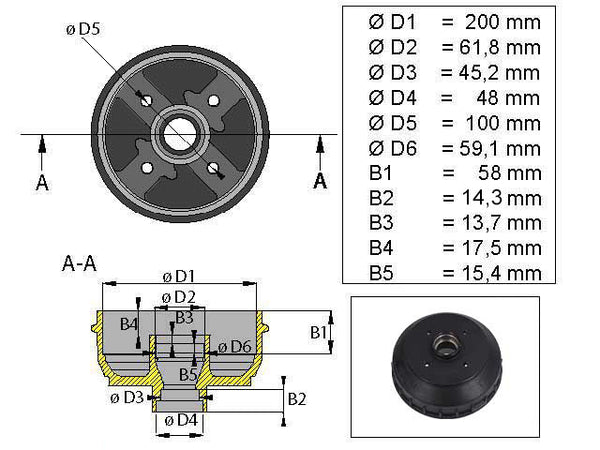 Brake drum ALKO 200x50 4x100 inch bearing