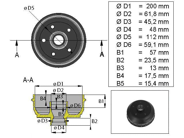 Brake drum ALKO 200x50 5x112 inch bearing