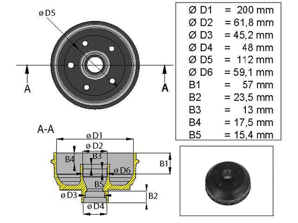 Brake drum ALKO 200x50 5x112 inch bearing