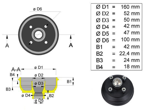 Brake drum Knott/Avonride 160x35 4x100 inch bearing