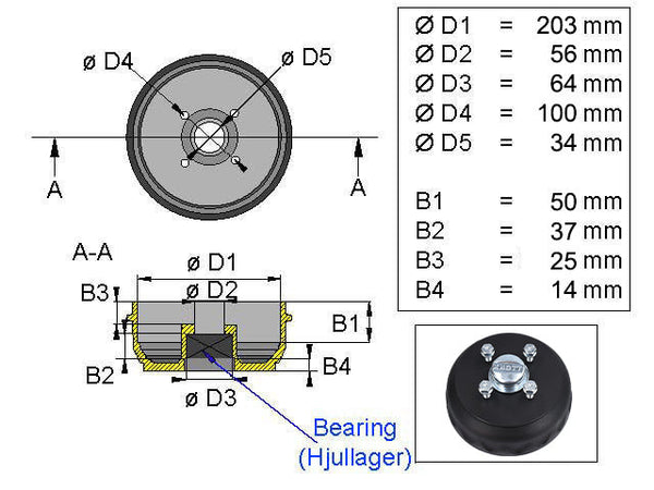 Brake drum Knott 203.2x40 4x100 compact bearing