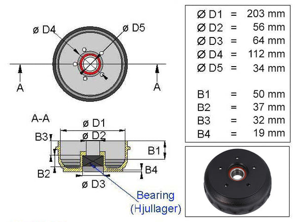 Brake drum Knott 203.2x40 5x112 compact bearing