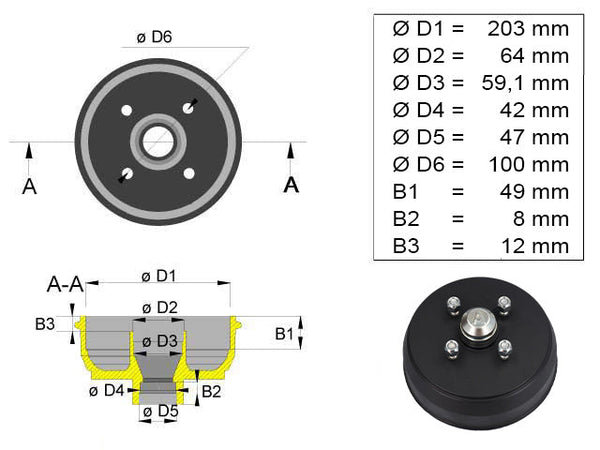Brake drum Knott 203x40 4x100 inch bearing