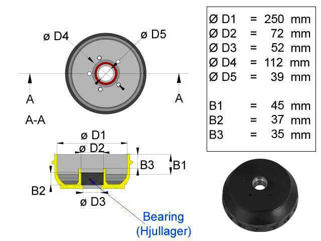 Brake drum Knott 250x40 5x112 compact bearing