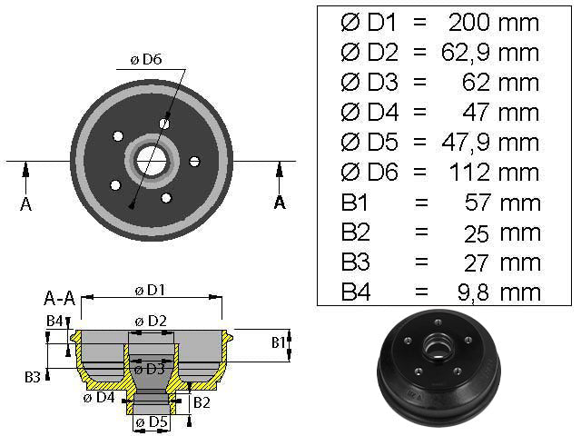 Brake drum BPW/Peitz 200x50 5x112 S2005-5 mm bearing