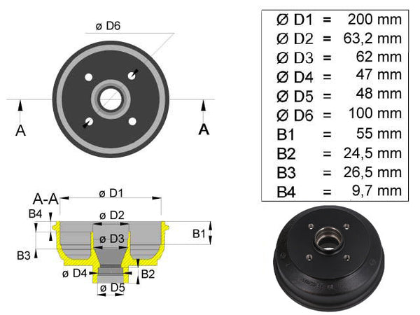 Brake drum BPW/Peitz 200x50 4x100 S2005-5 mm bearing