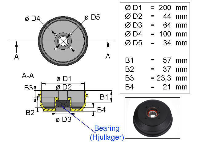 Brake drum BPW 200x50 4x100 S2005-5 compact bearing