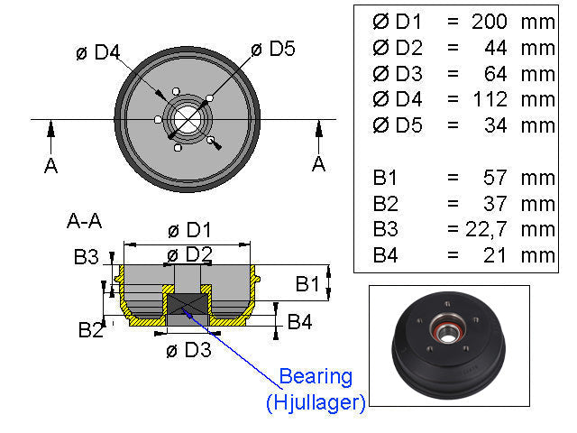 Brake drum BPW 200x50 5x112 S2005-5 compact bearing