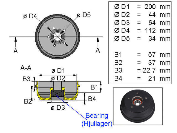 Brake drum BPW 200x50 5x112 S2005-5 compact bearing