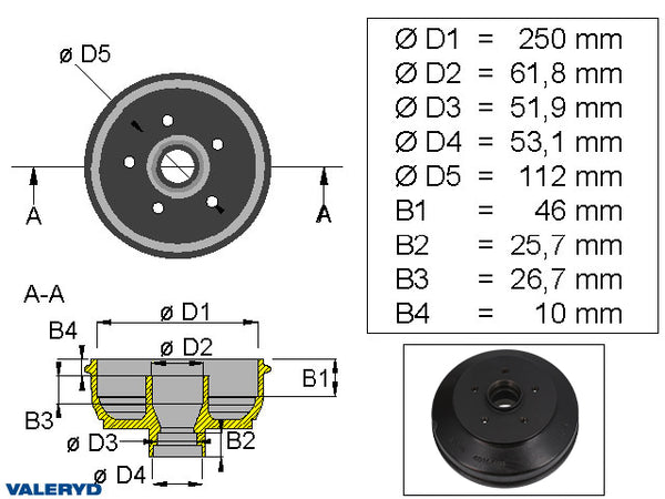 Brake drum BPW 250x40 5x112 S2504 mm bearing