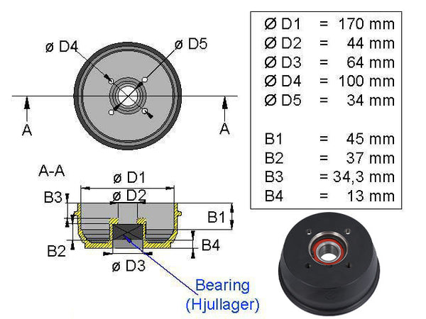Brake drum BPW 170x40 4x100 S1704-7 compact bearing