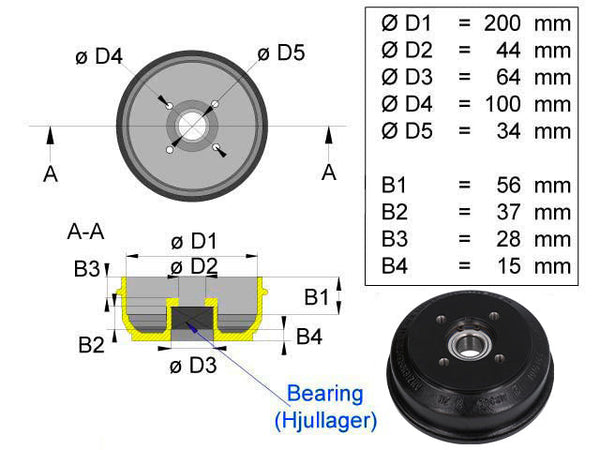 Brake drum BPW 200x50 4x100 S2005-7 compact bearing