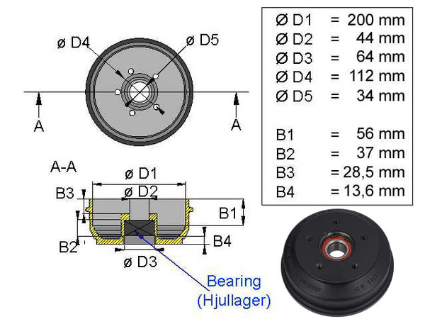 Brake drum BPW 200x50 5x112 S2005-7 1350 kg compact bearing