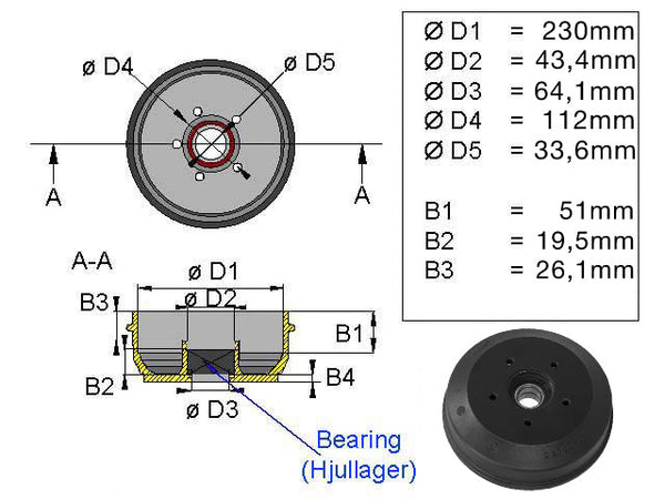 Brake drum 230x40 5x112 BPW compact bearing