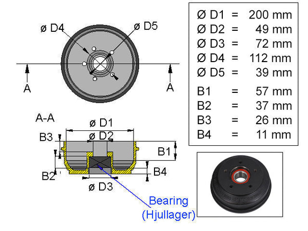 Brake drum BPW 200x50 5x112 S2005-7 1500 kg compact bearing