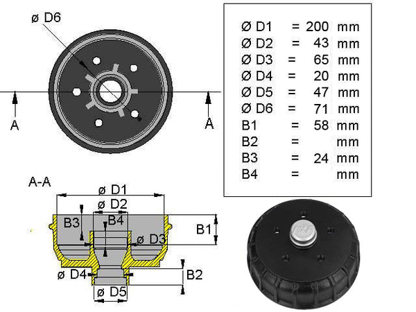 Brake drum GSM 200x50 5x112 with wheel bearing