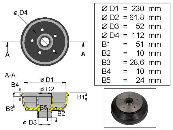Brake drum Hahn/BPW/Peitz 230x40 5x112 mm bearing