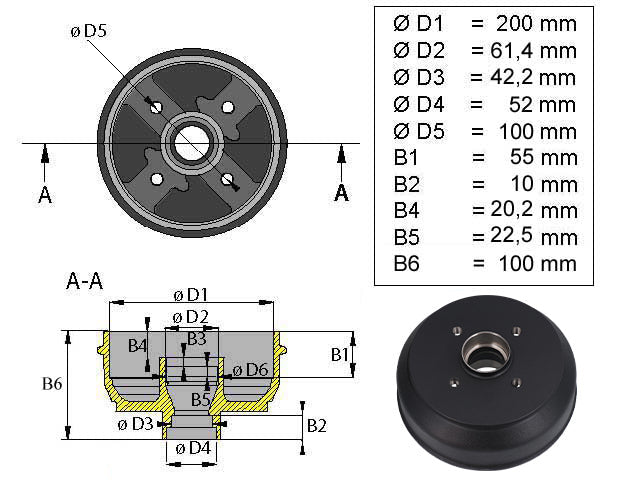 Brake drum Knott 200x50 4x100 mm bearing