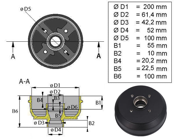 Brake drum Knott 200x50 4x100 mm bearing