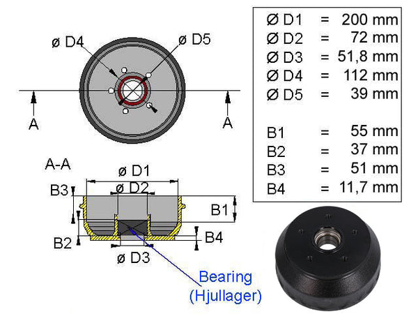Brake drum Knott 200x50 5x112 compact bearing 39x72x37