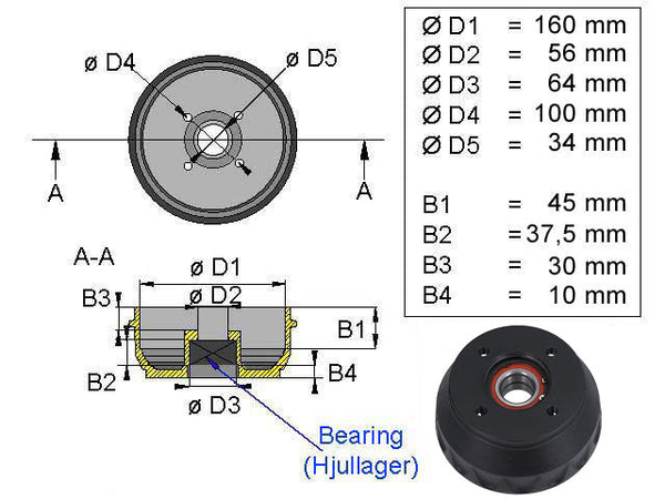 Brake drum Knott 160x35 4x100 compact bearing