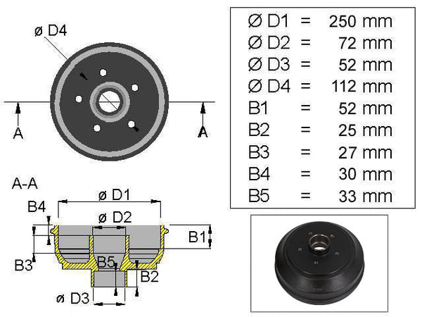 Brake drum Knott 250x40 5x112 mm bearing