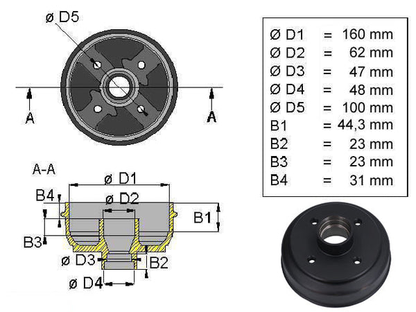 Brake drum Knott 160x35 4x100 mm bearing