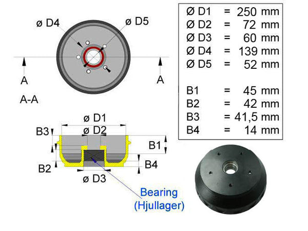 Brake drum Knott 250x40 5x139 compact bearing
