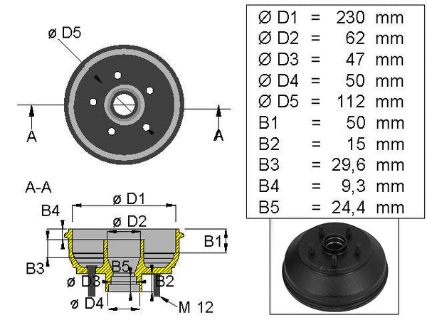 Brake drum BPW/Peitz 230x40 5x112 R234-76 mm bearing