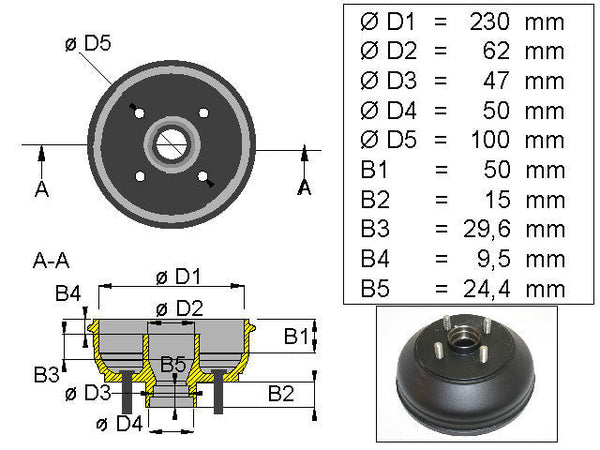 Brake drum BPW/Peitz 230x40 4x100 R234-76 mm bearing