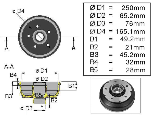 Brake drum Ifor Williams 250x40 5x165.1