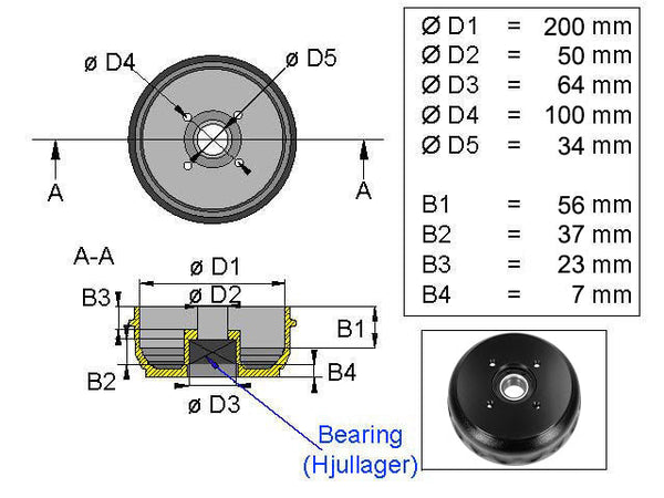 Brake drum Knott 200x50 4x100 compact bearing