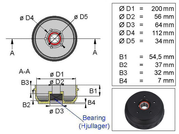 Brake drum Knott/Schlegl 200x50 5x112 compact bearing