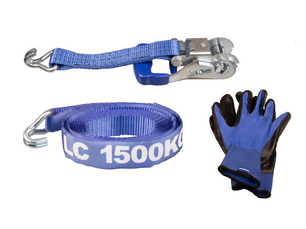 Ratchet tie down set 38mm with hook. Length 0,3+4,7m. 1500 daN